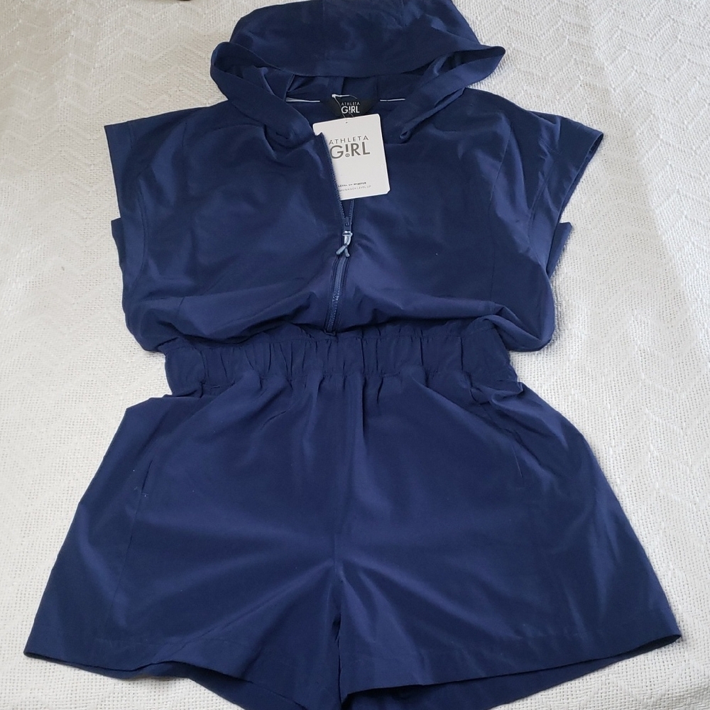 Athleta Girls 14 XL Navy Blue Level Up Romper Shorts Jumpsuit With Hood